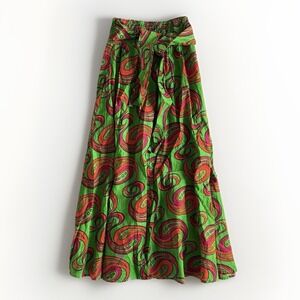 VTG 70s Jackpot Paisley Printed Green Maxi Skirt Womens One Size African Tie